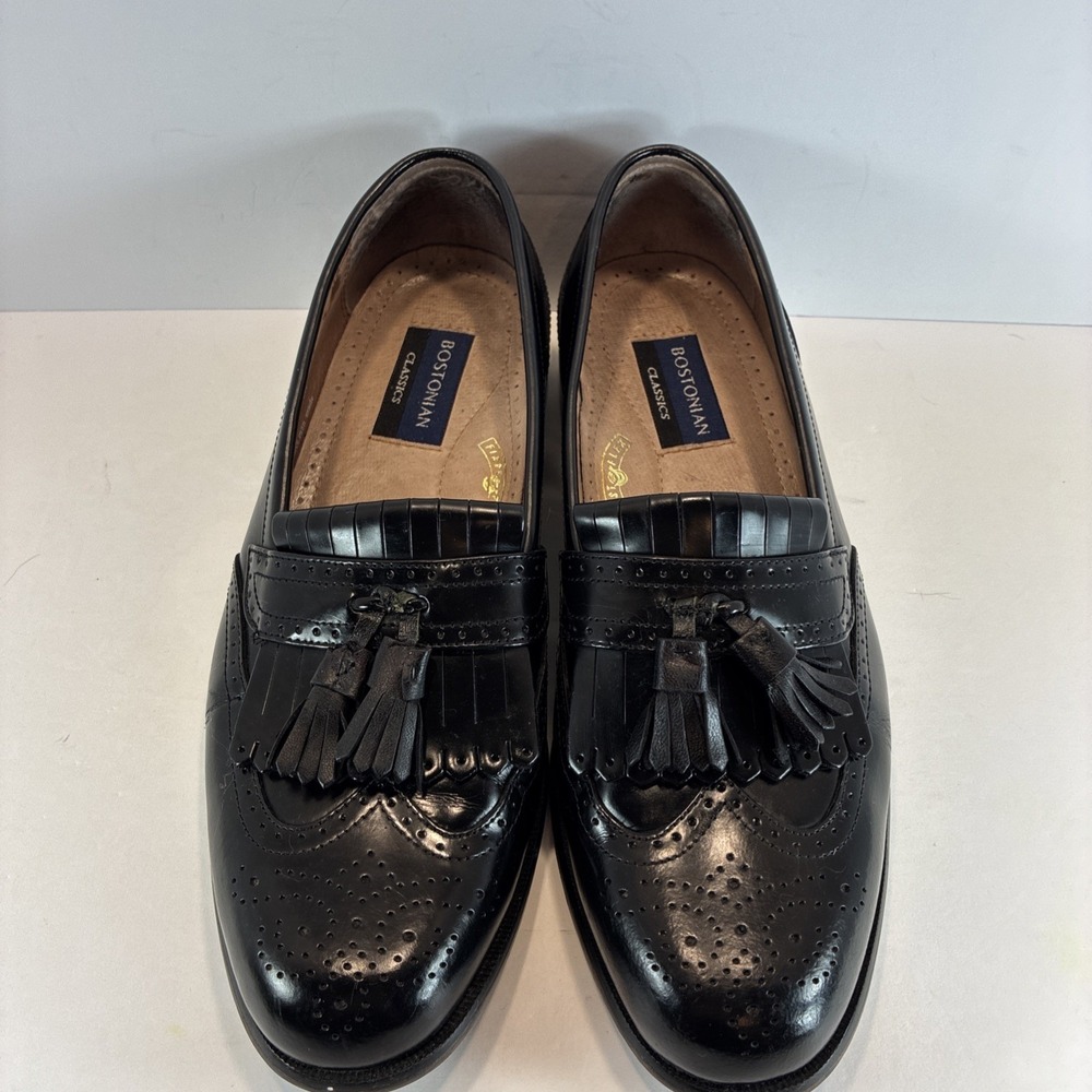 Men's Sz 9.5 M Leather Shoes Bostonian Classics First Flex Black Tassel Wingtip - Picture 6 of 16